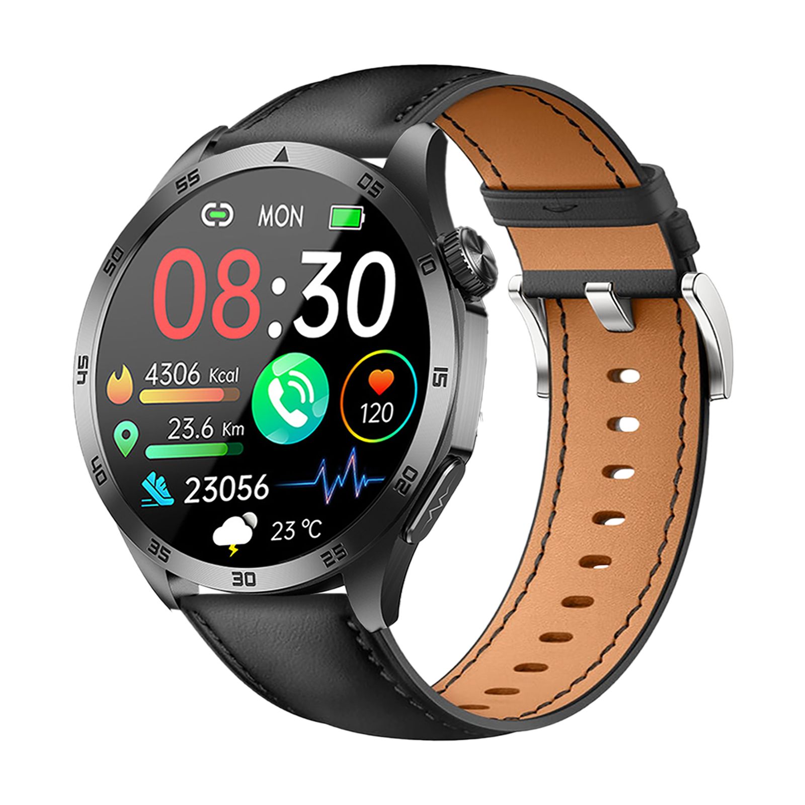 Smartwatch mit schwarzem Lederarmband und braunem Innenfutter. Rundes Zifferblatt mit Gesundheitsdaten. Schwarzes Gehäuse mit silberner Lünette.