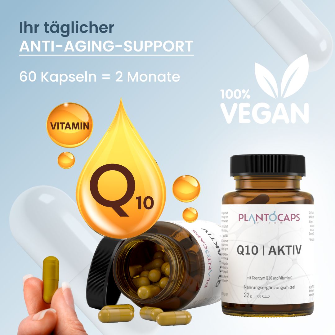 Produktabbildung mit Flasche und Kapseln. Text: ANTI-AGING-SUPPORT, 60 Kapseln. Vegan-Logo.