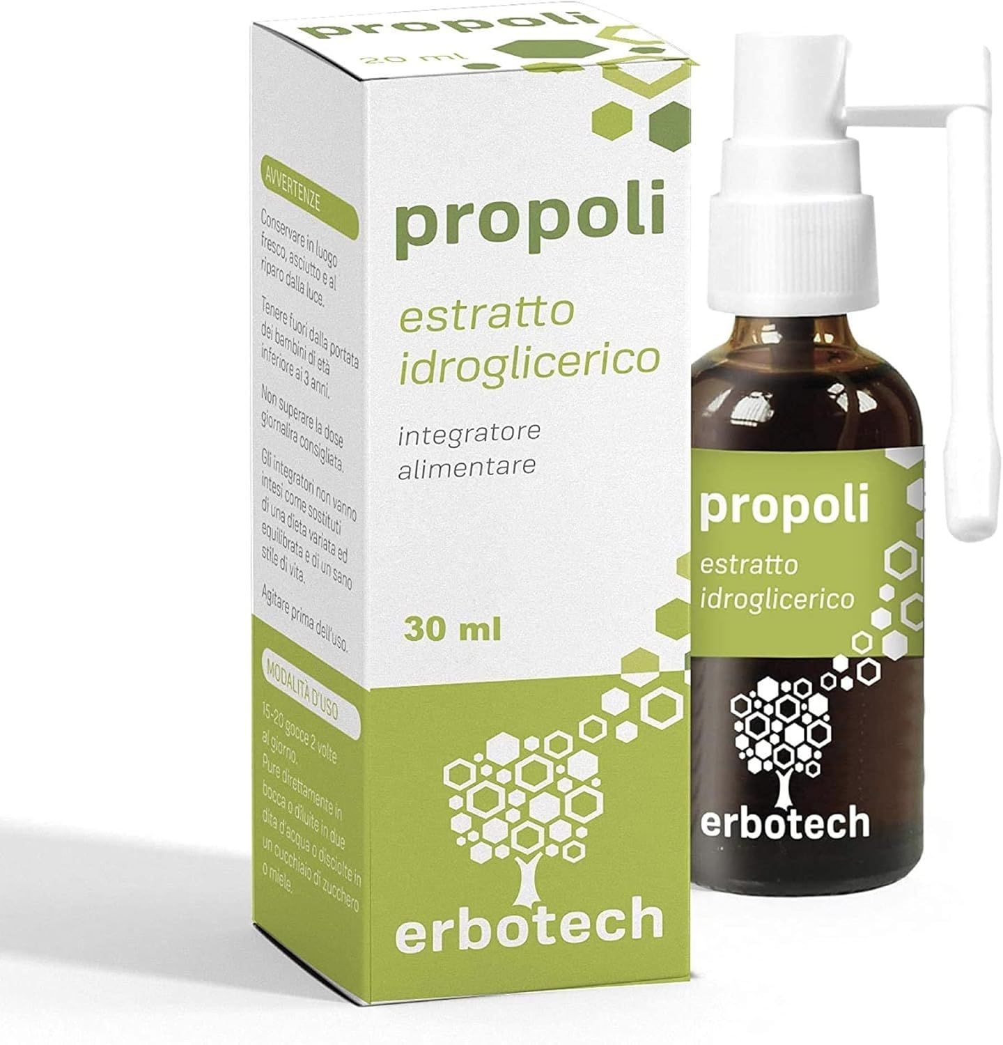 Braune Glasflasche und Schachtel mit Produktinformationen. Aufschrift: Propoli, Estratto idroglicerico, Integratore alimentare. Marke: Erbotecxh.