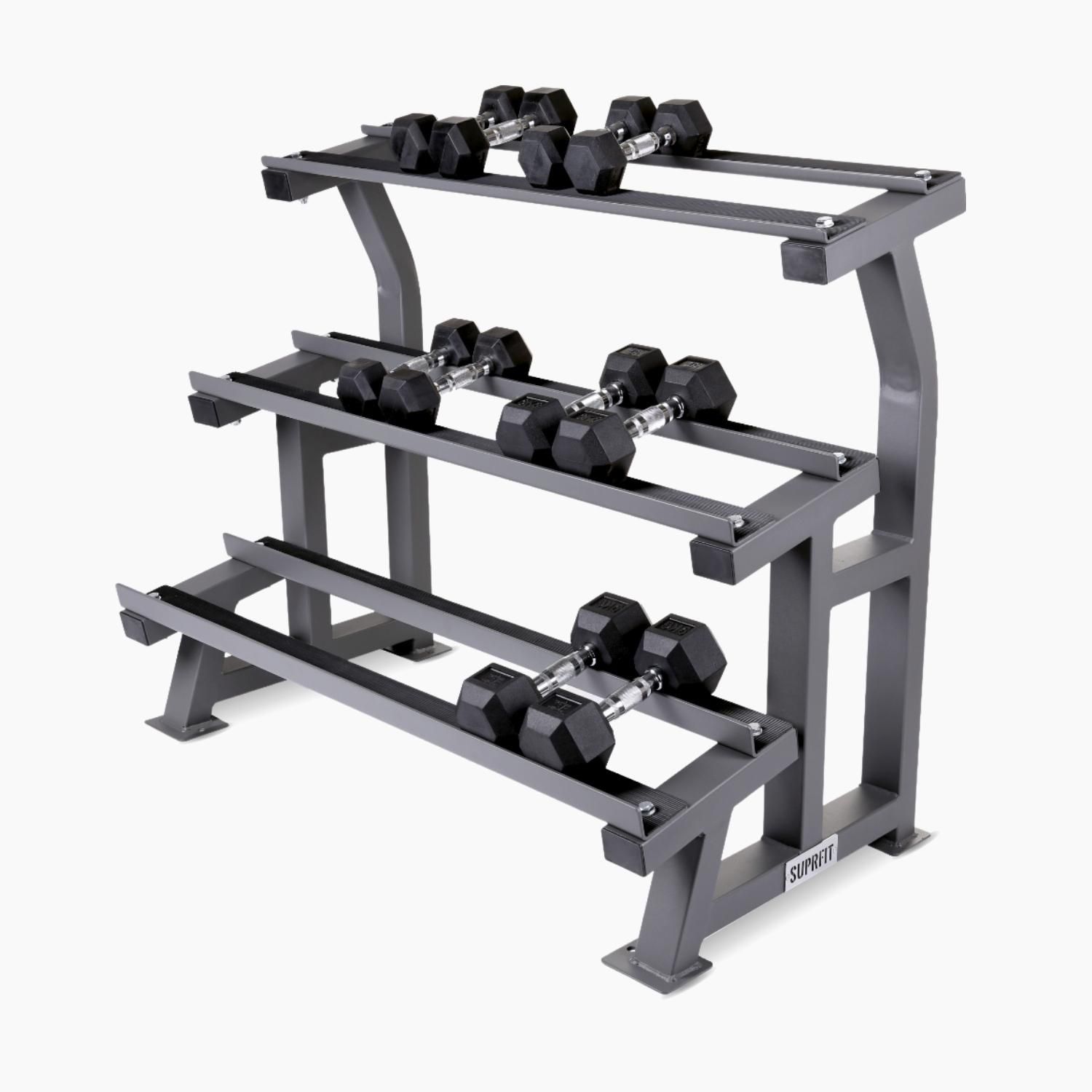 Graue Kurzhantelablage mit drei Ebenen, bestückt mit schwarzen Kurzhanteln. Stahlkonstruktion, für Fitnessstudios.
