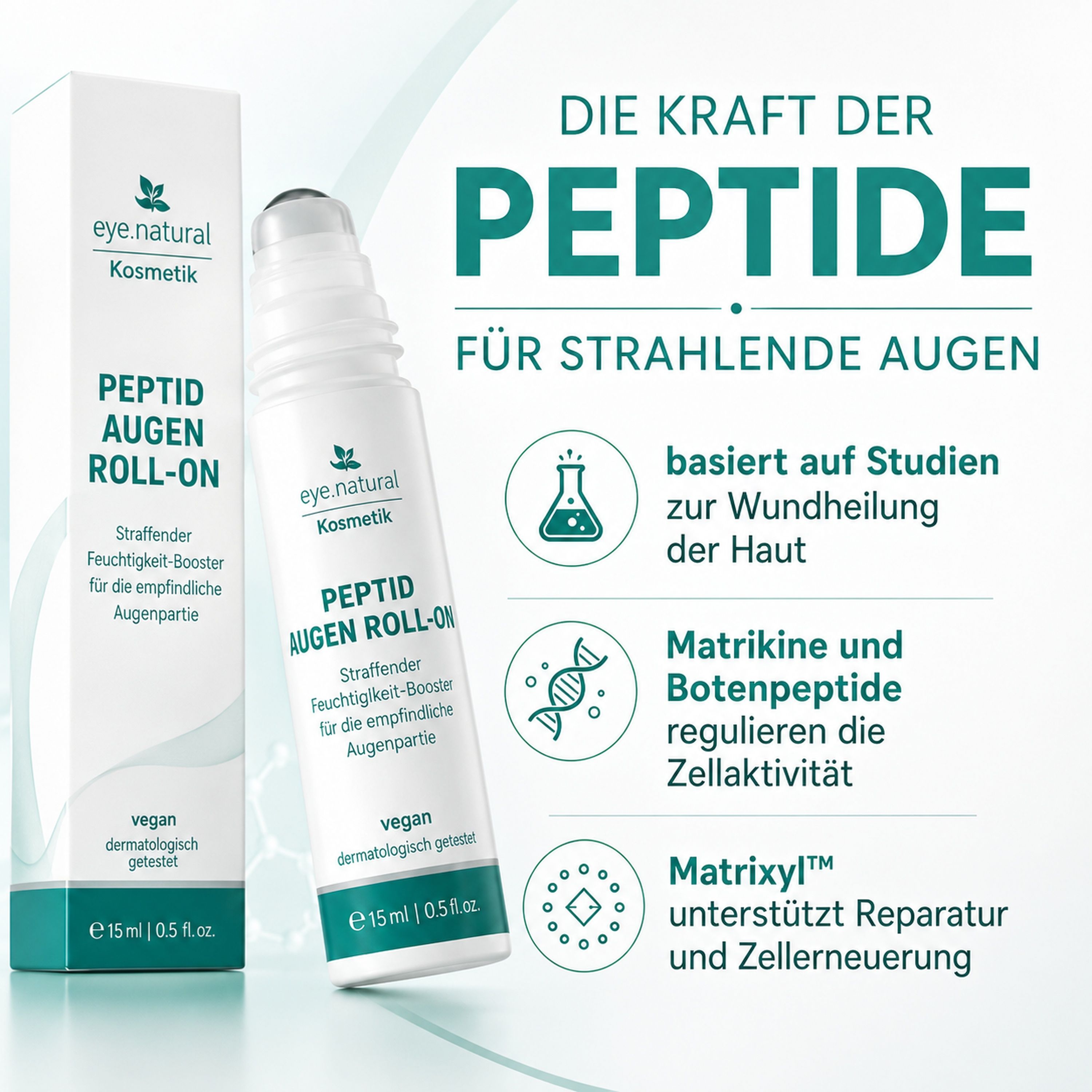 Eye.natural Peptid Augen Roll-On mit 15ml Inhalt. Vegan und dermatologisch getestet.