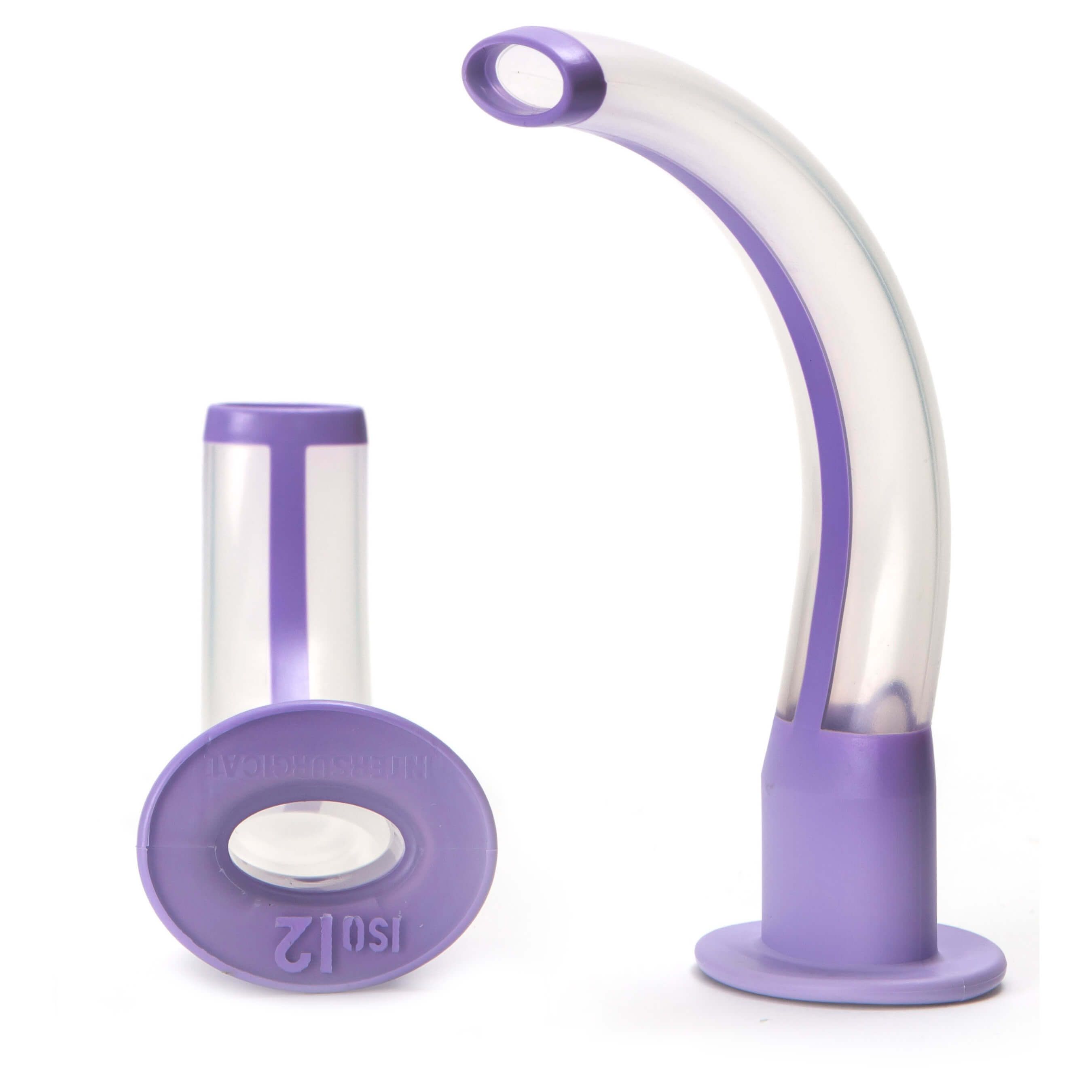 Guedeltubus. Gebogene, transparente Röhre mit lila Enden. Ein weiteres Teil mit Loch und lila Basis. ISO 12.