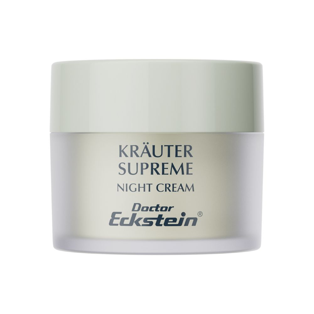 Creme-Tiegel mit Deckel. Aufschrift: Kräuter Supreme Night Cream. Marke: Doctor Eckstein.