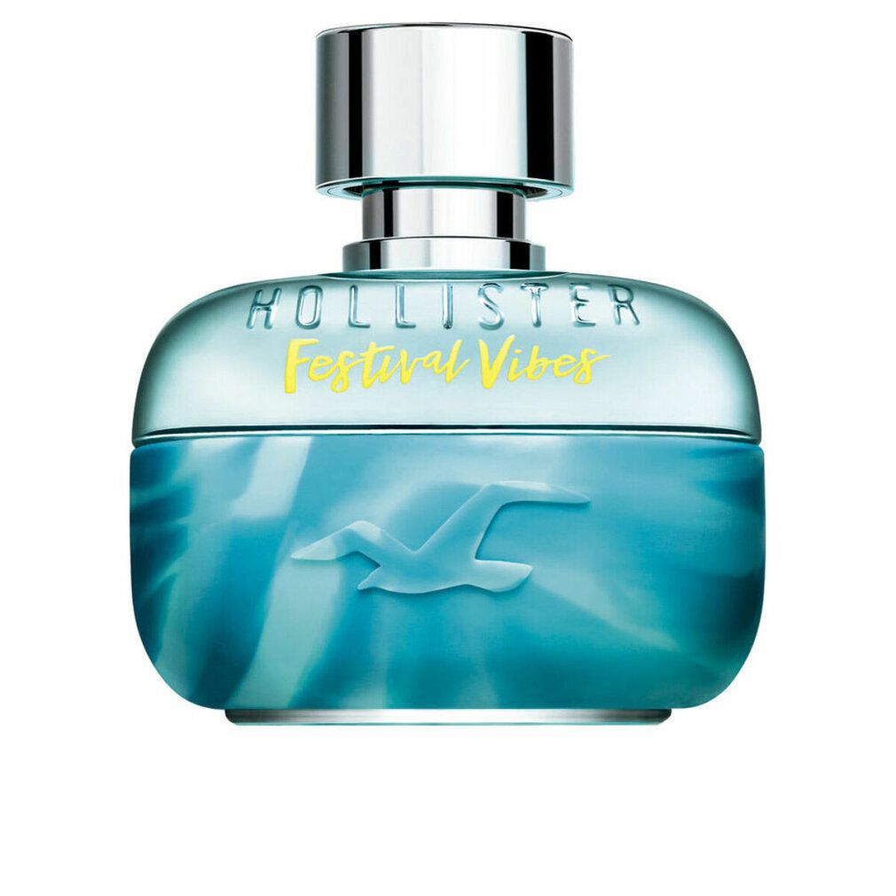 Türkisgrüner Flakon mit silbernem Deckel. Aufschrift: HOLLISTER Festival Vibes. Logo: Möwe. Flakon mit wellenförmigem Muster.