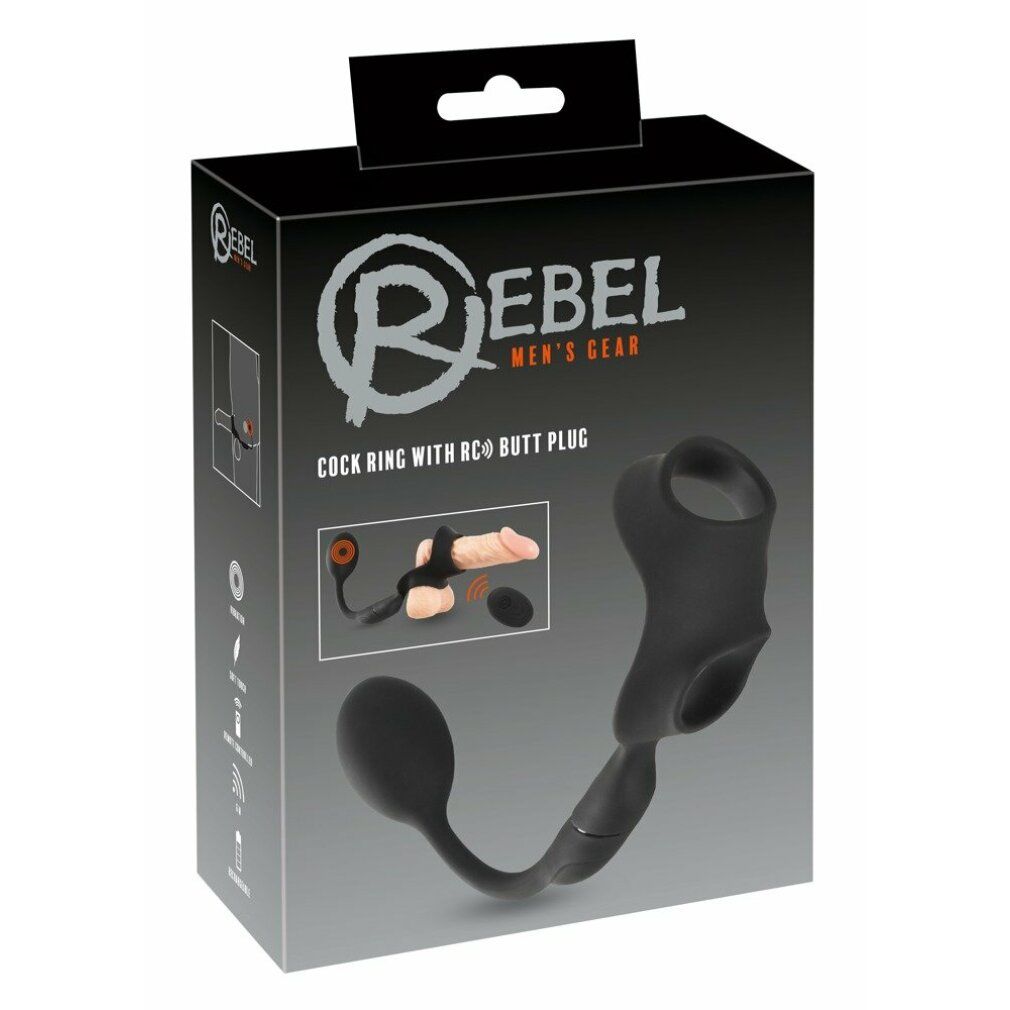 Verpackung mit Produkt. Text: REBEL MEN'S GEAR, COCK RING WITH RC BUTT PLUG.