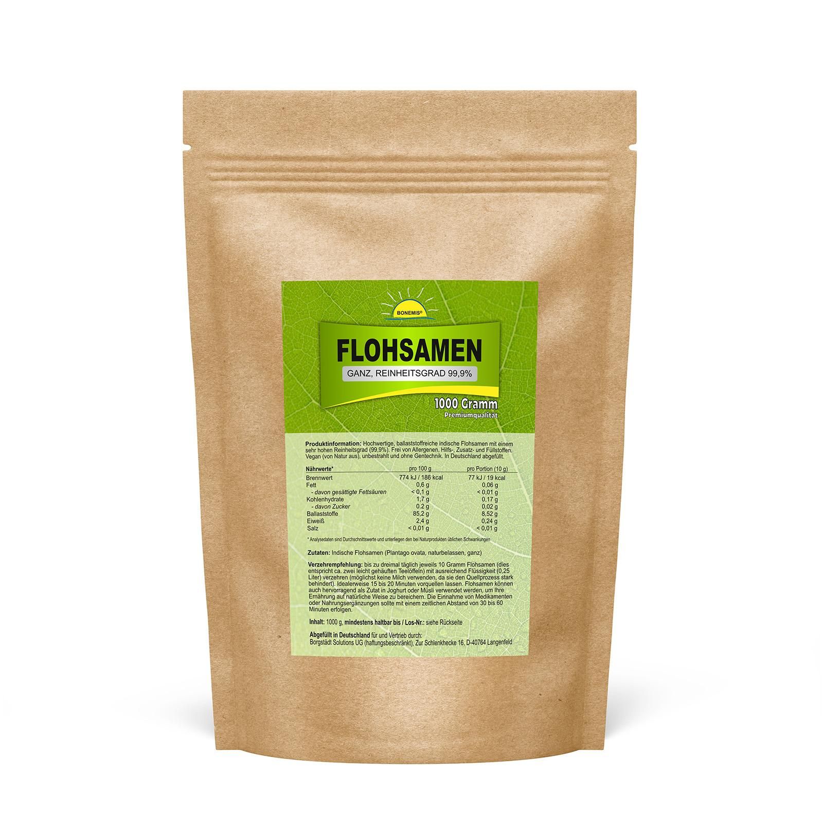 Bonemis® Flohsamen (ganz), Premiumqualität mit besonders hoher Reinheit (99,91%) 1 kg Samen