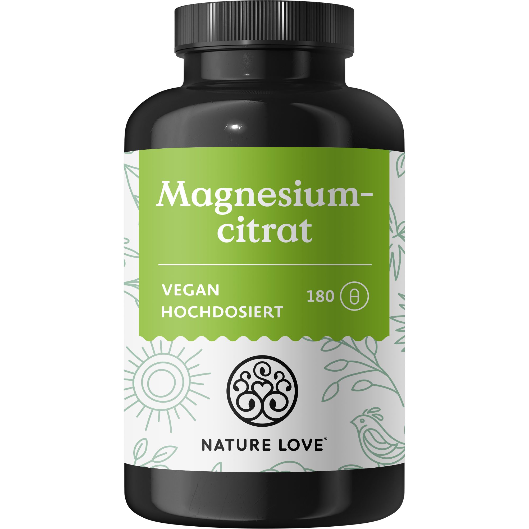 Schwarze Flasche mit grünem Etikett. Aufschrift: Magnesiumcitrat, vegan, hochdosiert. Marke: NATURE LOVE®. 180 Kapseln.