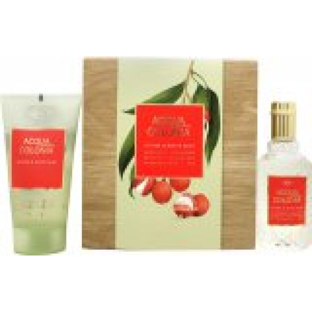 Produkt-Set mit Flakon, Duschgel und Karton. Flakon mit goldfarbenem Verschluss. Roter Schriftzug 'Acqua Colonia'.
