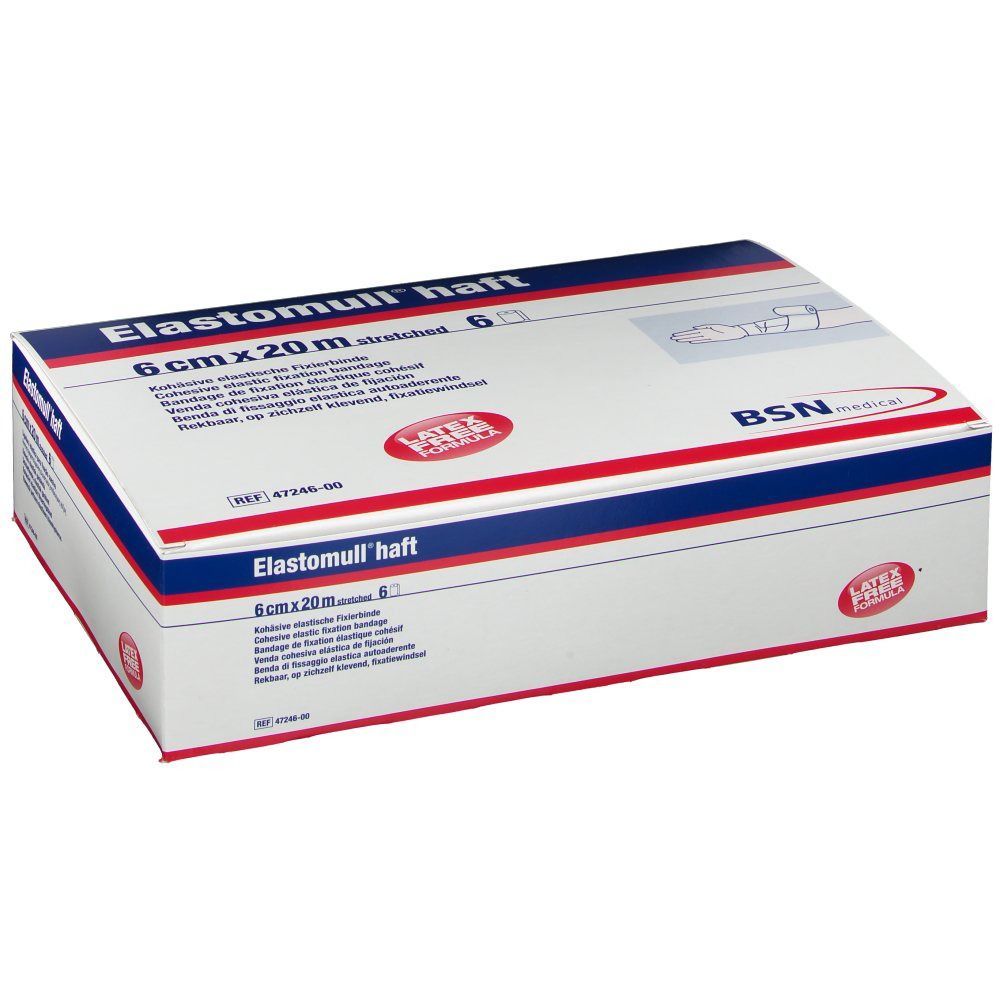 Verpackung von Elastomull haft. Aufschrift: 6 cm x 20 m, Latex-frei. Marke: BSN medical.