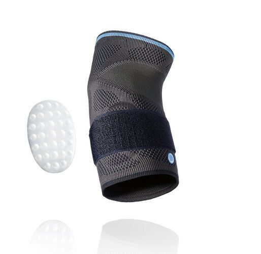 Ellenbogenbandage mit Klettverschluss und Polster. Graues, strukturiertes Material. Blaues Detail am oberen Rand. Weißes, ovales Polster.