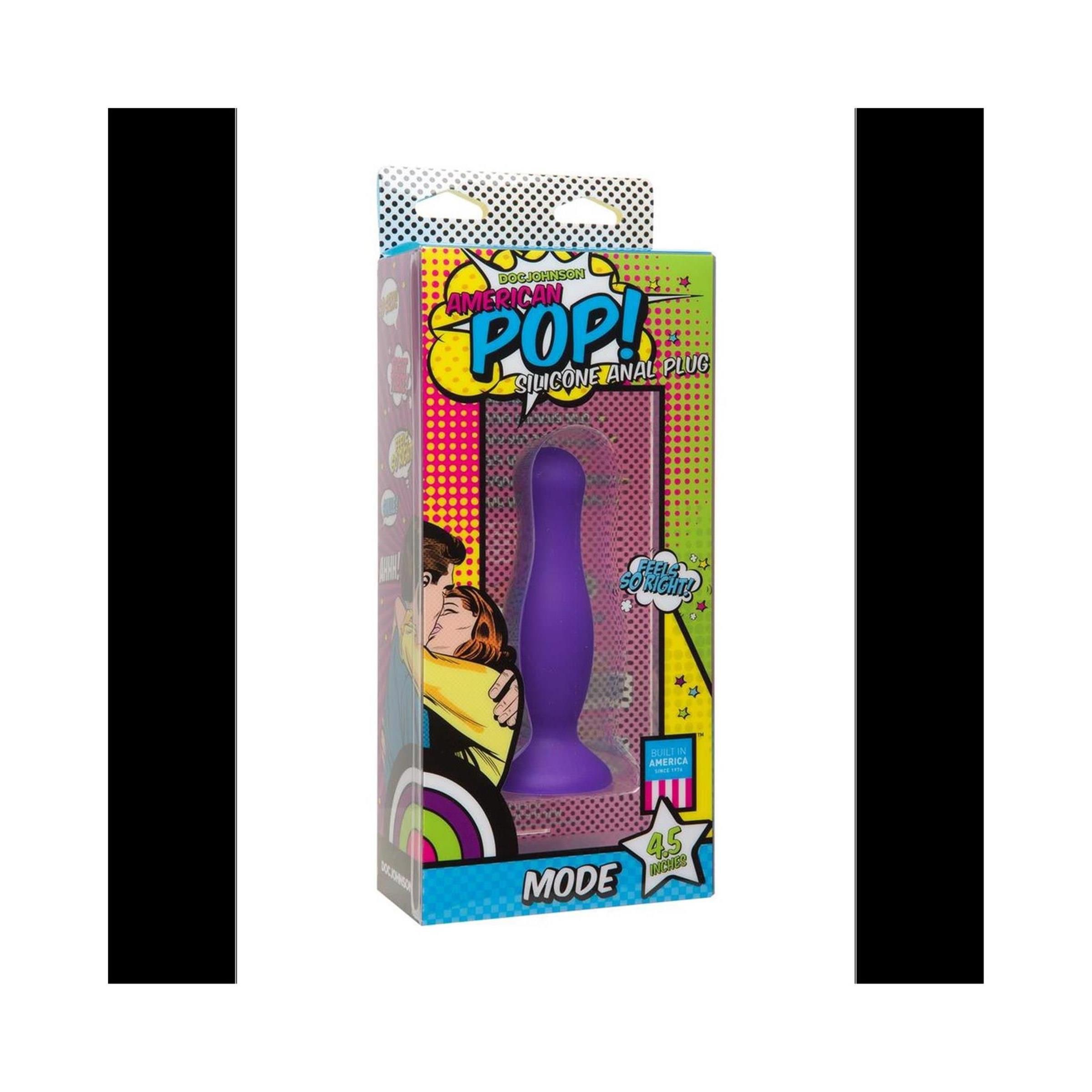 Verpackung mit lila Analplug. Aufschrift: American Pop, Silicone Anal Plug, Mode. Comic-Design.