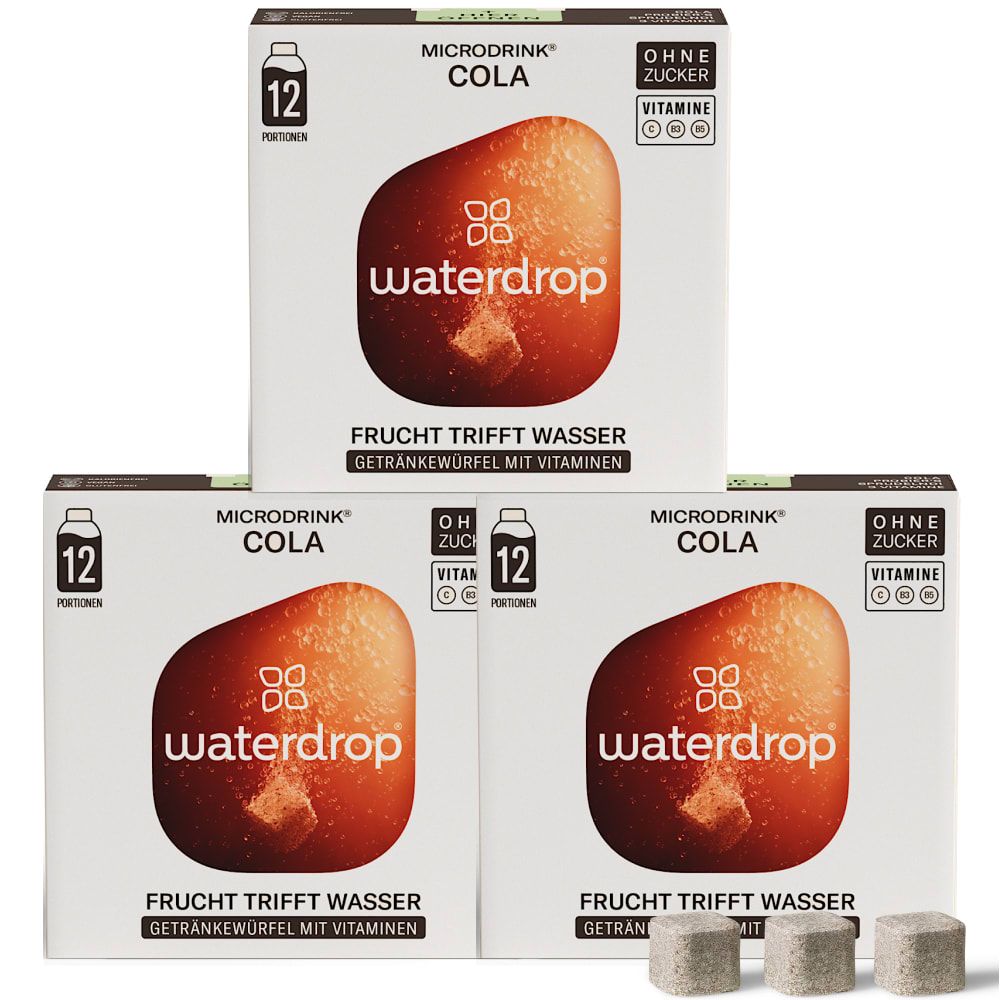 Drei Packungen waterdrop® Cola Trio. Jede Packung enthält 12 Portionen. Aufdruck: Ohne Zucker, Vitamine.