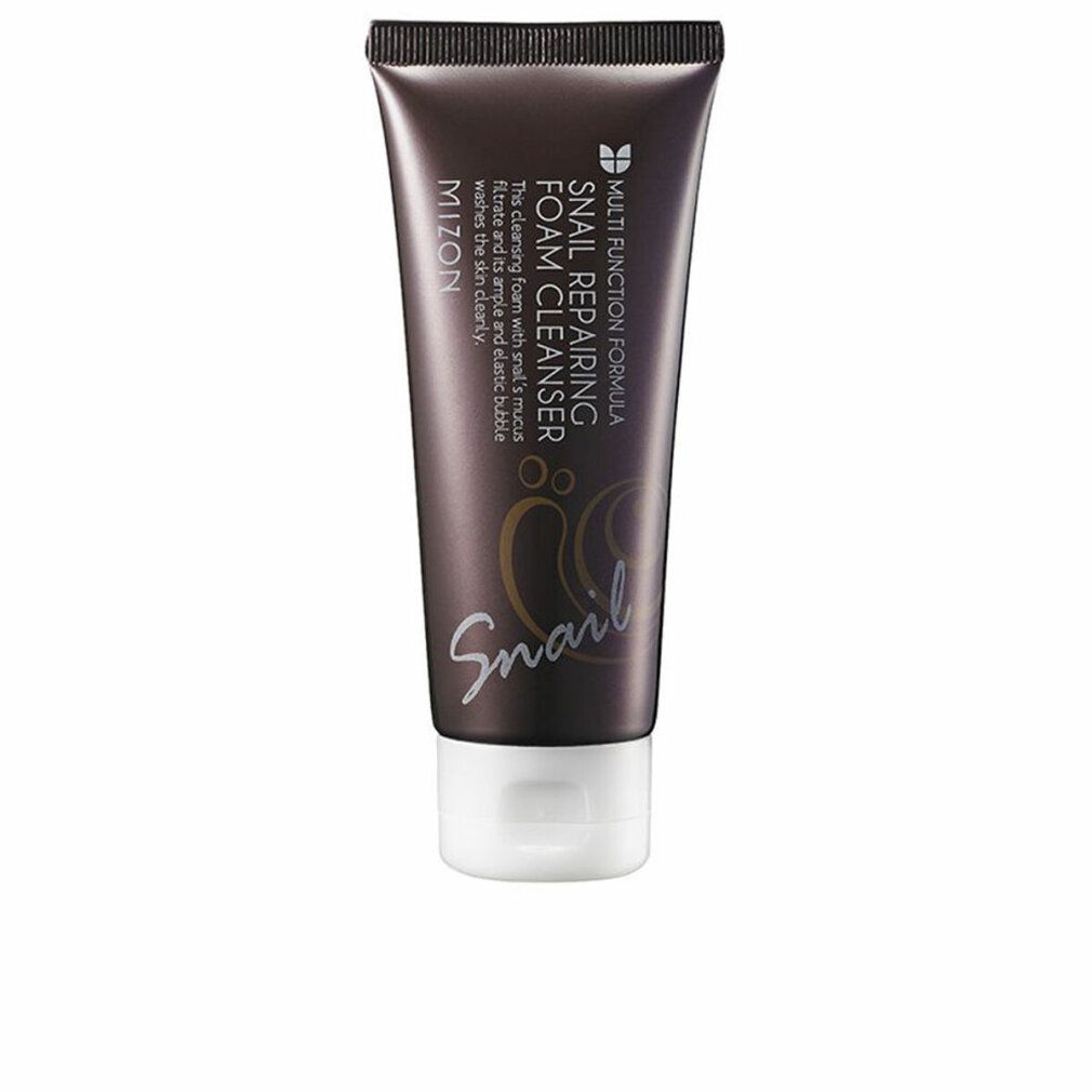 Braune Tube mit weißem Verschluss. Aufschrift: MIZON Snail Repairing Foam Cleanser.