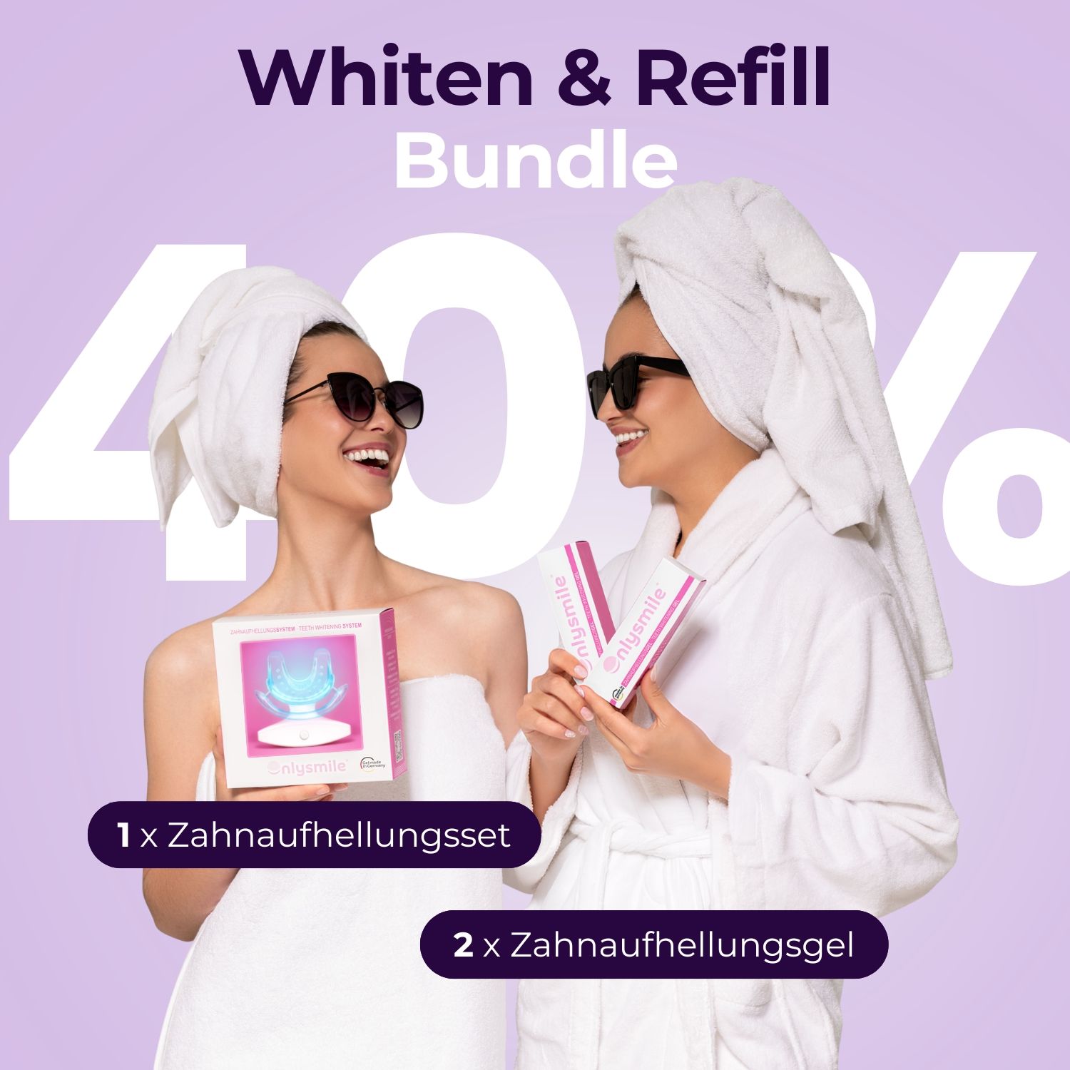 Zwei Frauen mit Handtüchern und Sonnenbrillen. Eine hält ein Set, die andere Gel. Text: Whiten & Refill Bundle.