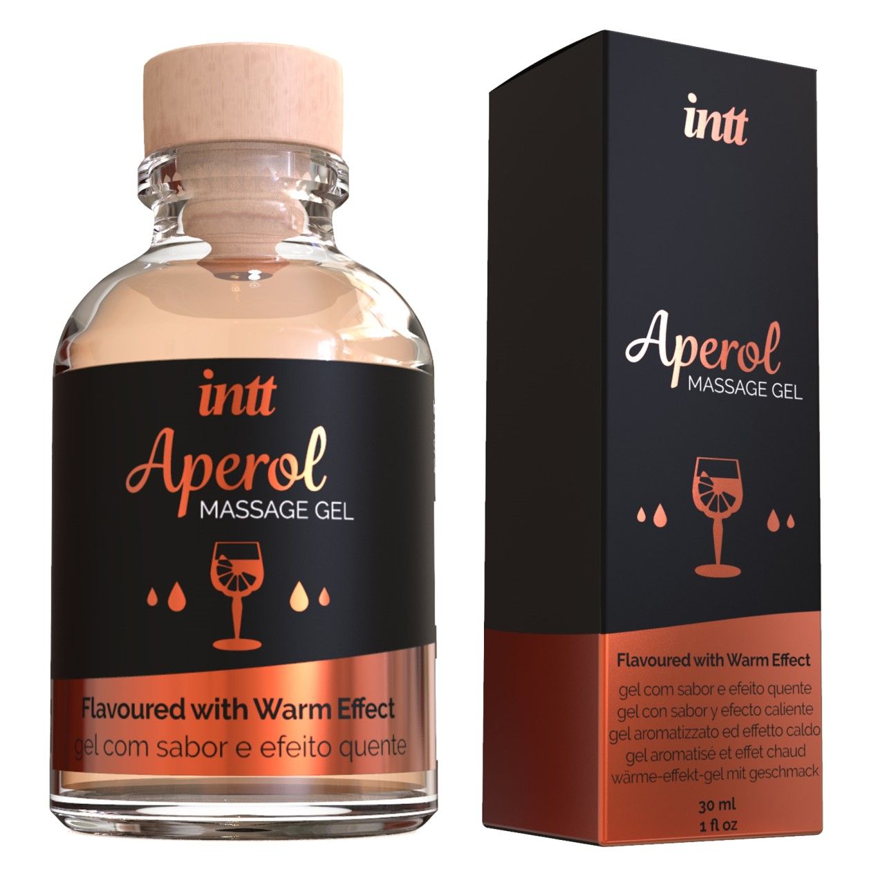 Flasche und Verpackung. "intt Aperol Massage Gel". 30 ml.