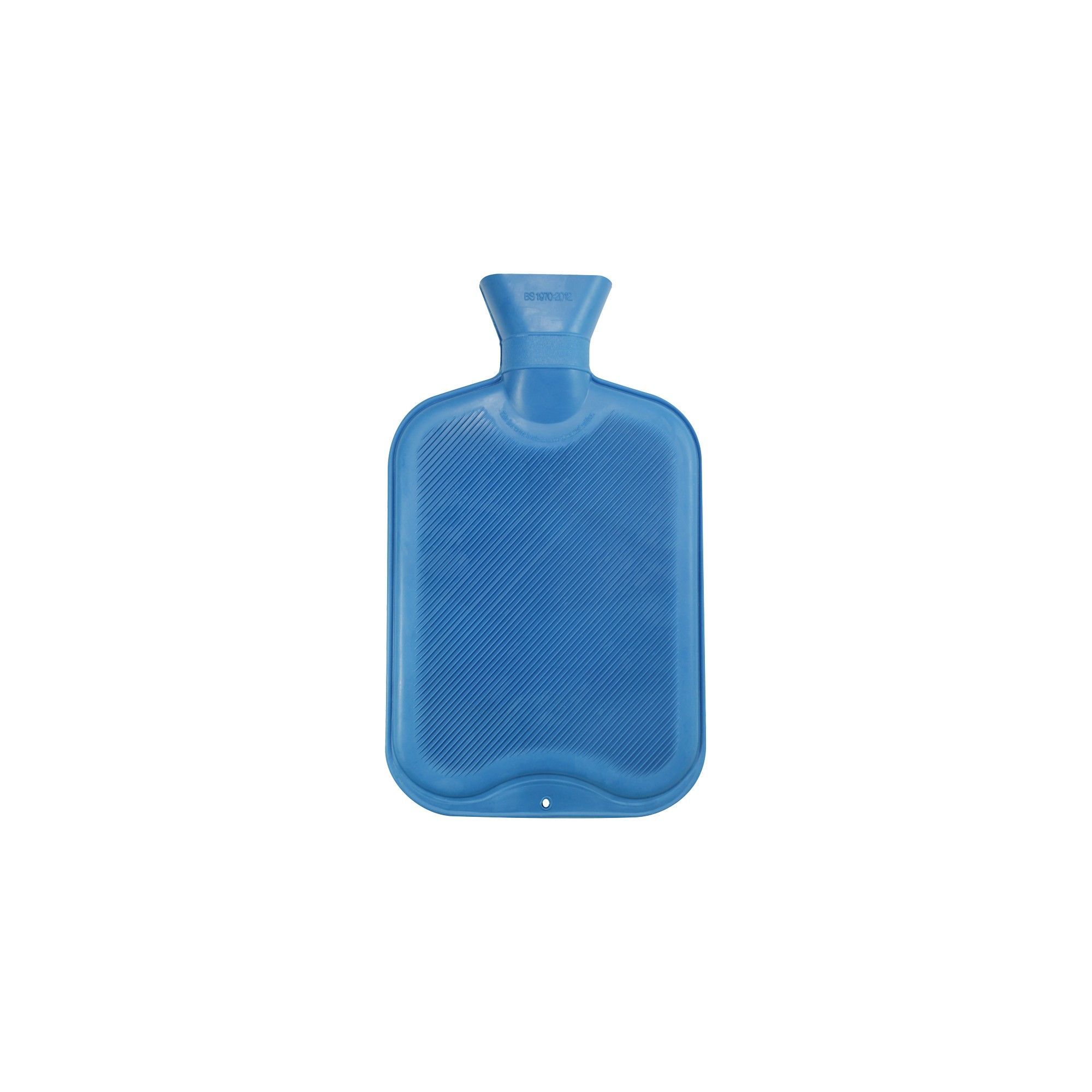 Blaue Wärmflasche aus Gummi mit gerippter Oberfläche und Schraubverschluss.