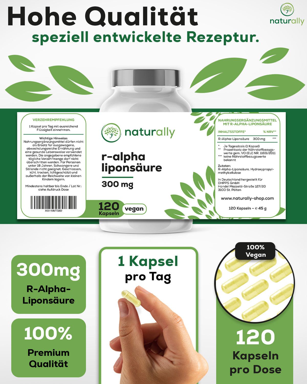 Produktbild mit Flasche und Kapsel. Text: 300mg R-Alpha-Liponsäure, 120 Kapseln, 1 Kapsel pro Tag, vegan.