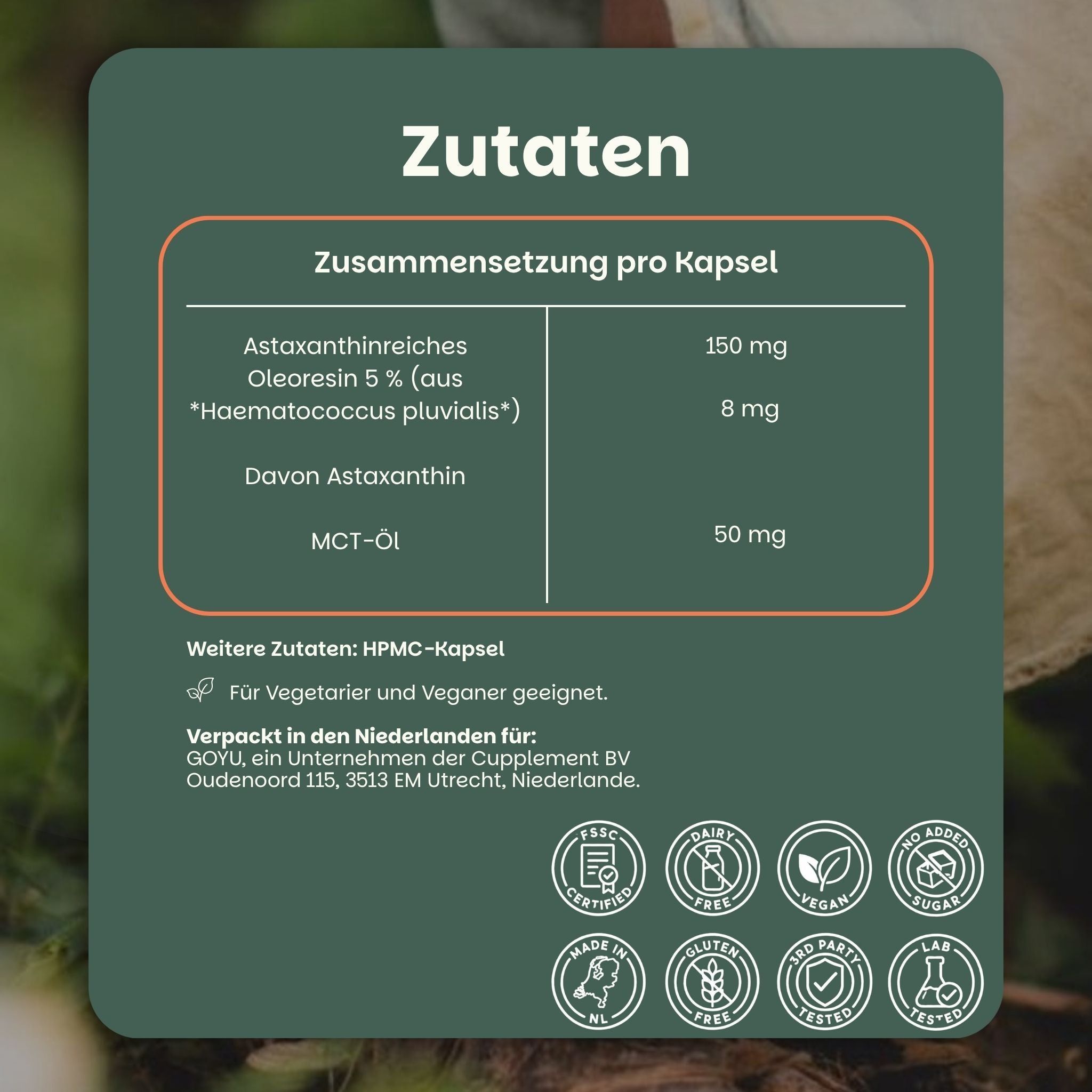 Verpackung mit Astaxanthin-Kapseln, zeigt Inhaltsstoffe und Vorteile.