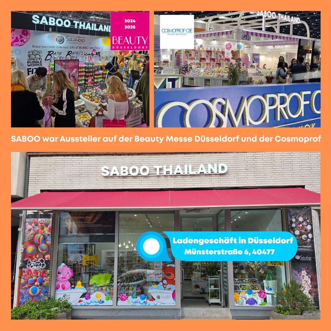 Fotos von Messen und einem Geschäft. Text: Saboo Thailand. Laden in Düsseldorf.