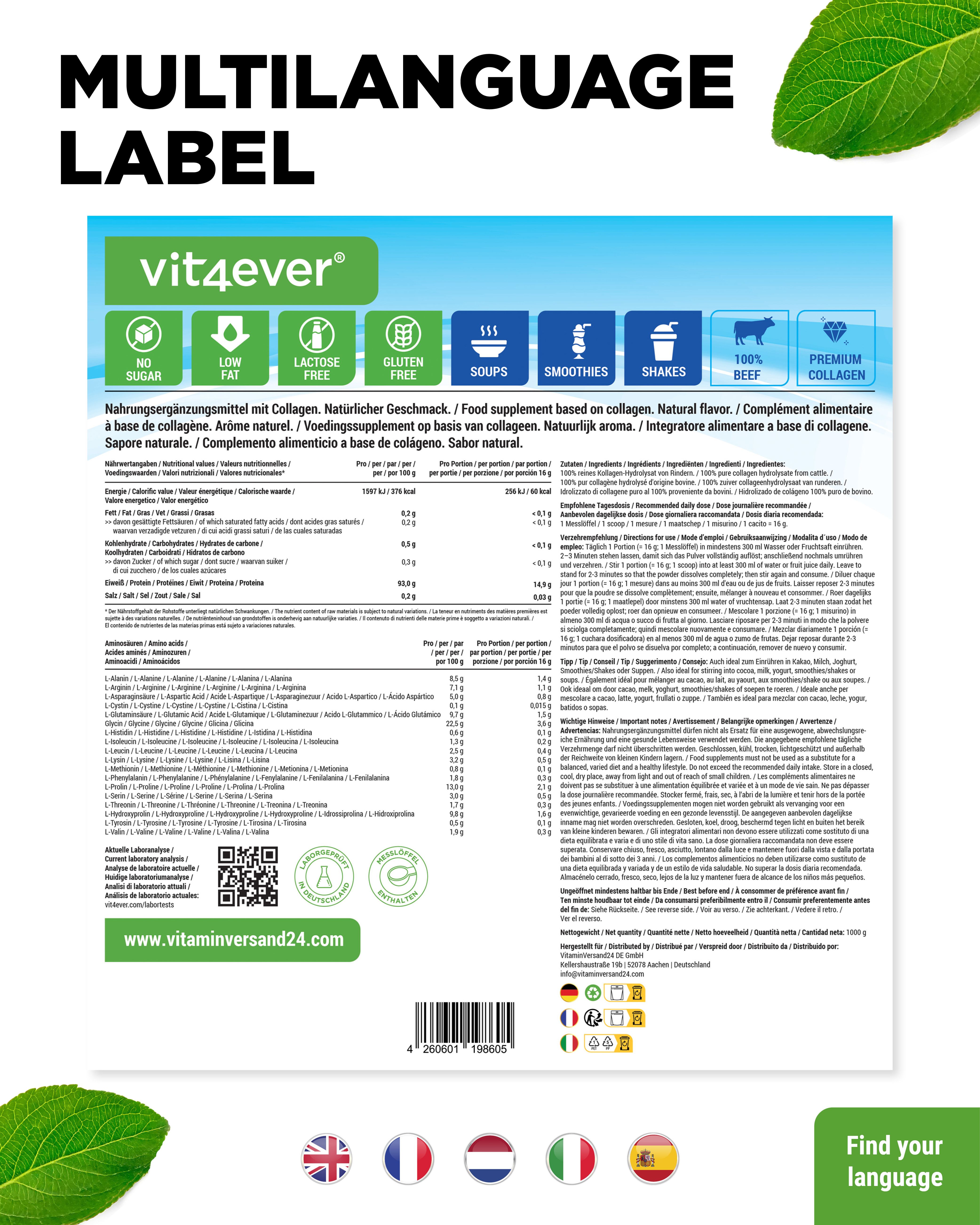 Rückseite der Verpackung "vit4ever Collagen". Mehrsprachige Etikettierung. Enthält Nährwertangaben und QR-Code. Flaggen für verschiedene Sprachen.