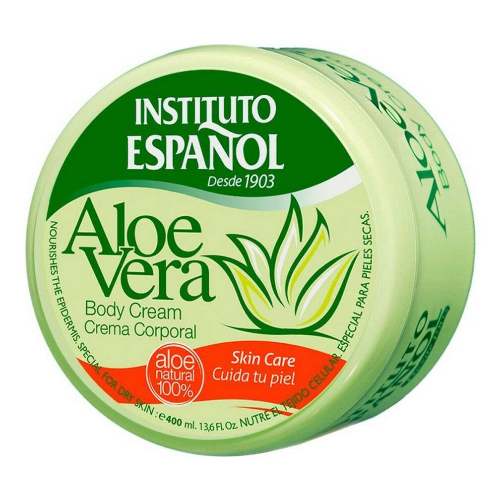 Runder Behälter mit grünem Deckel. Aufschrift: Aloe Vera, Instituto Espanol, Aloe natural 100%. Für trockene Haut.
