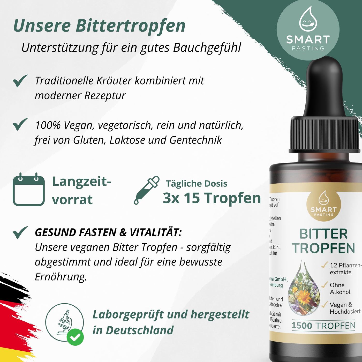 Braune Flasche mit Tropfer. Text: Bitter Tropfen, 12 Pflanzenextrakte, ohne Alkohol, vegan, hochdosiert. Text und Icons auf grünem Hintergrund.