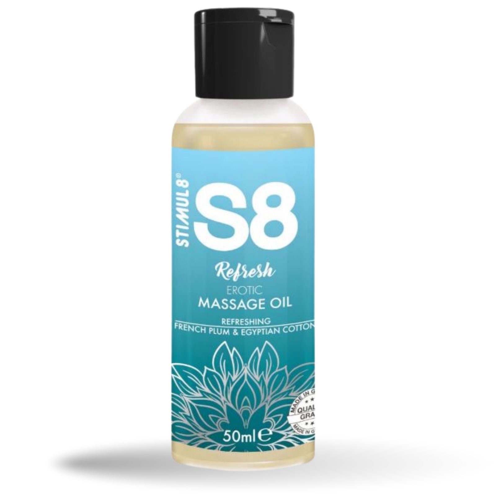 Massageöl S8 Refresh. Flasche mit schwarzem Deckel. Text: Refresh, 50ml. Erfrischend. Französische Pflaume & ägyptische Baumwolle.