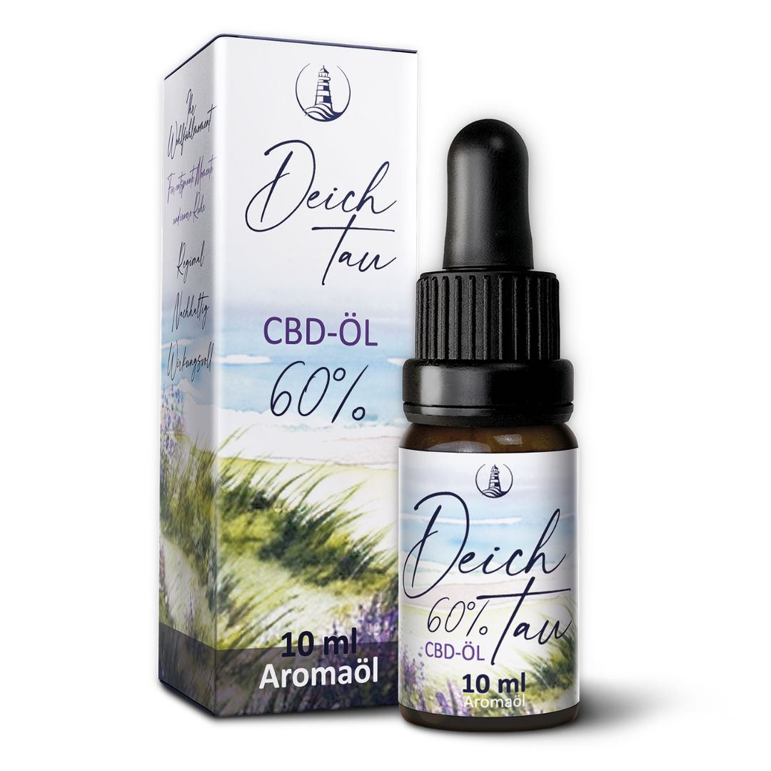 Deichtau CBD Öl 60% Flasche mit Pipette und Umverpackung. Strandmotiv.