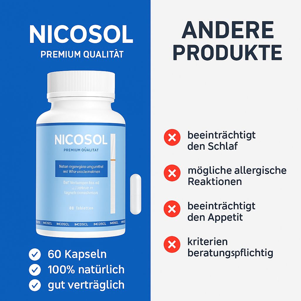 Weiße Flasche mit blauem Etikett. NICOSOL, Premium Qualität. 60 Kapseln. Weitere Produkte: beeinträchtigt den Schlaf, mögliche allergische Reaktionen, etc.