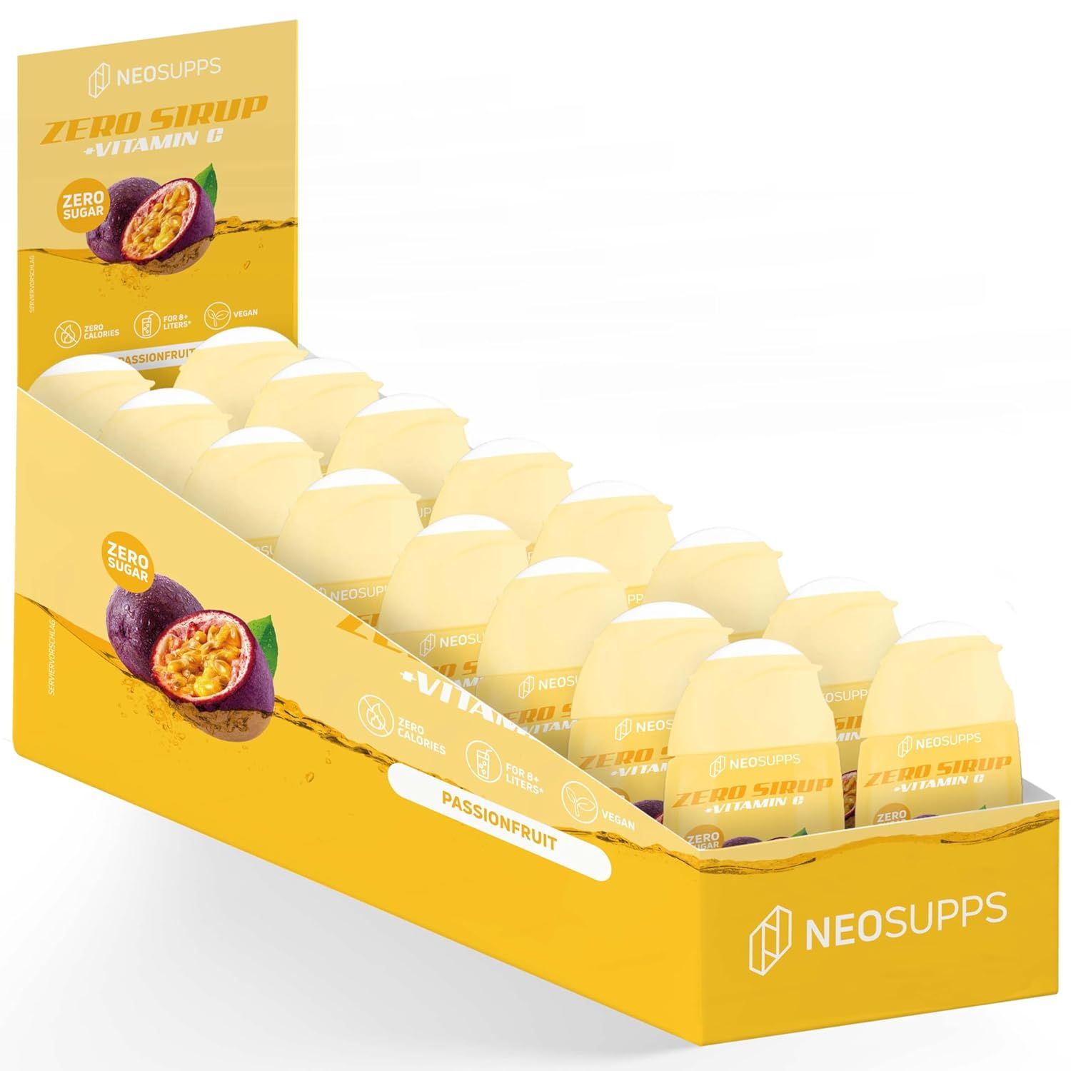 Verkaufsdisplay mit Flaschen. Auf dem Display steht 'ZERO SIRUP + Vitamin C'. Abgebildet sind Passionsfrüchte.