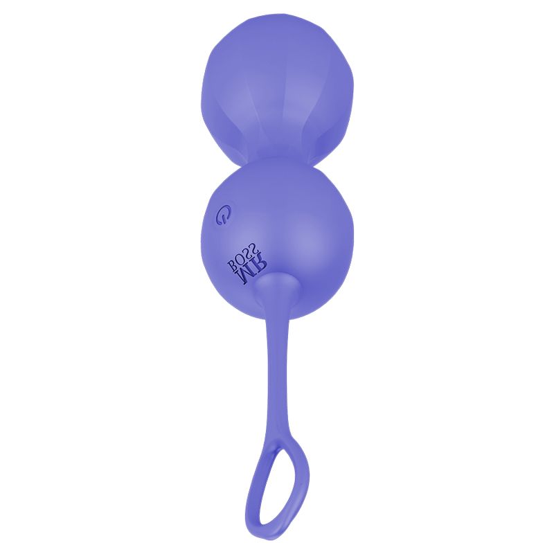 Zwei lilafarbene Kegelperlen mit Schlaufe. Auf einer Perle: Logo und Power-Symbol.