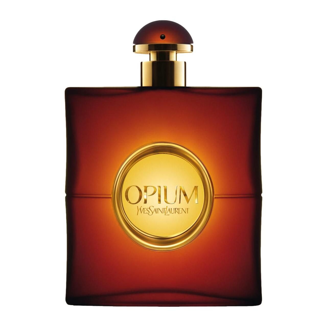 Dunkelroter Flakon mit goldfarbenem Verschluss. Auf dem Flakon steht "OPIUM" und "Yves Saint Laurent".