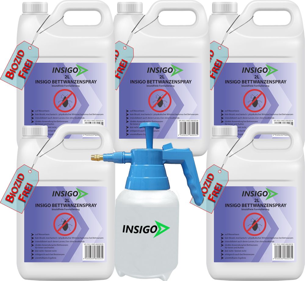 Mehrere Kanister und eine Sprühflasche. Auf den Kanistern und der Sprühflasche steht INSIGO Bettwanzenspray. Anhänger BIOZID FREI.