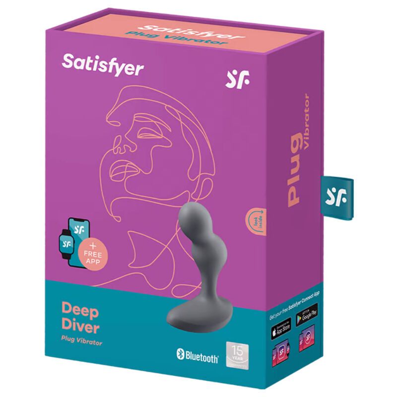 Verpackung von Satisfyer Deep Diver Plug Vibrator. Lila und rosa Design. Produkt und App-Logo.