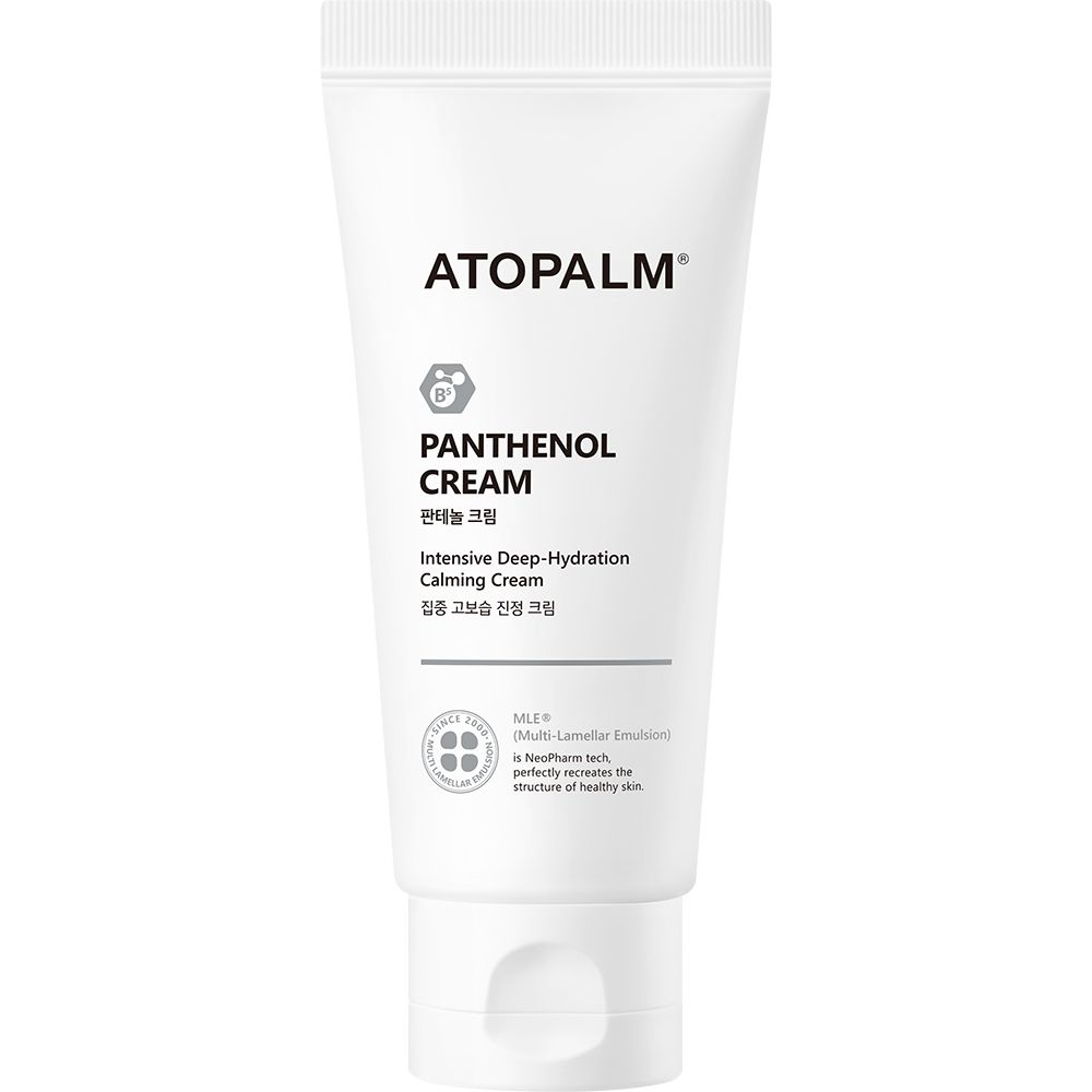 Weiße Tube mit ATOPALM-Logo und Produktbezeichnung. Text: PANTENOL CREAM, Intensive Deep-Hydration Calming Cream.