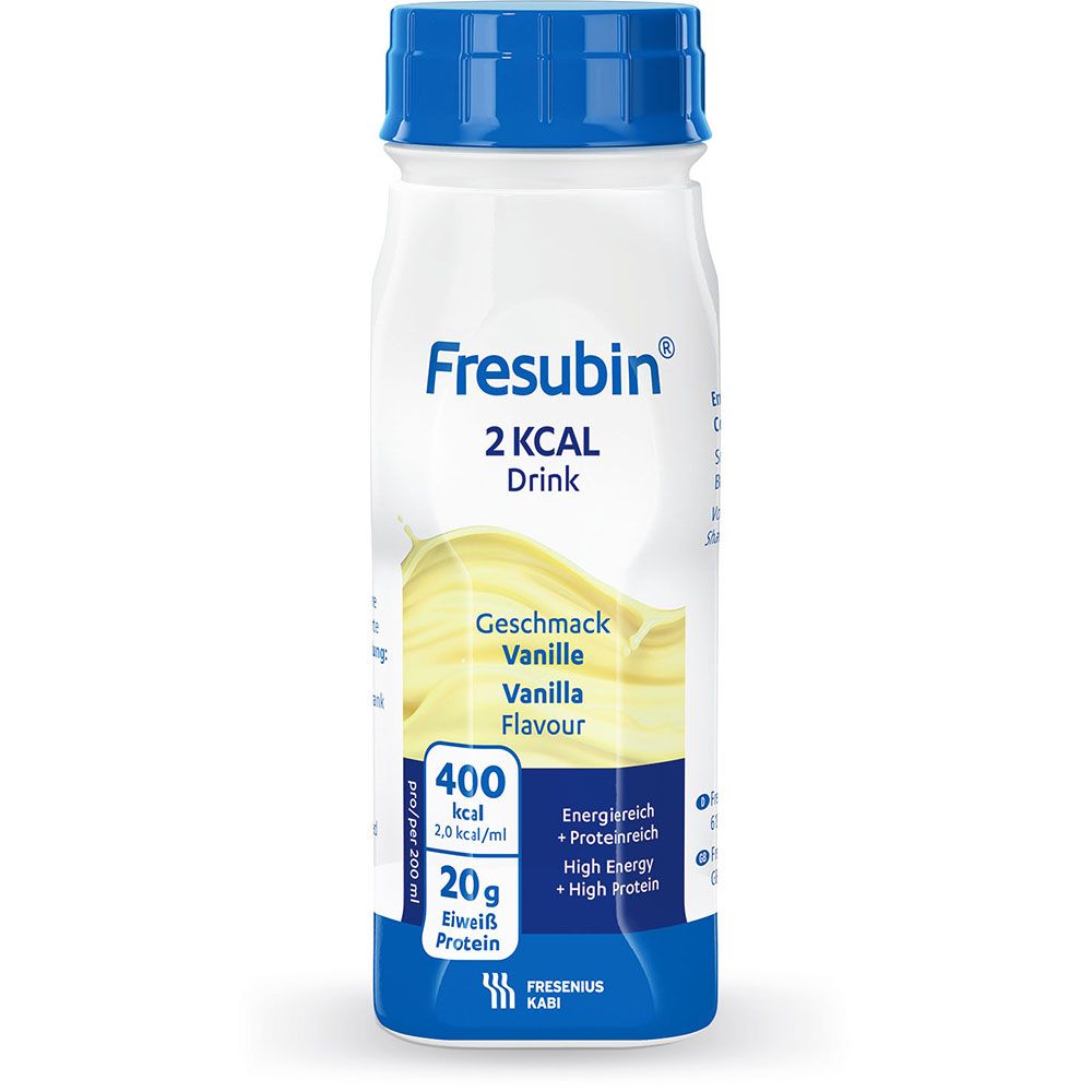 FRESUBIN 2 kcal Drink Vanille, Flasche mit blauem Deckel. Produktname, Geschmack, Nährwertangaben, 20g Eiweiß.