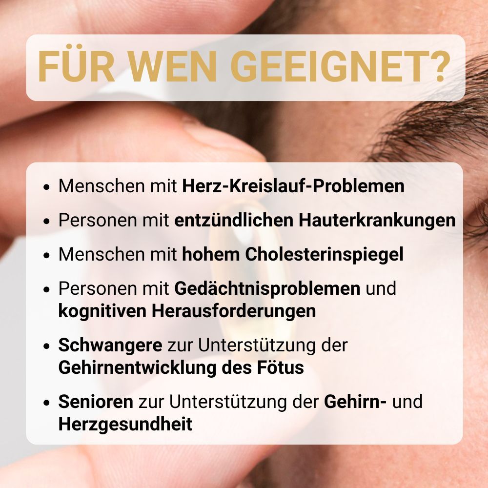 Text: Für wen geeignet? Menschen mit Herz-Kreislauf-Problemen, Personen mit entzündlichen Hauterkrankungen, Menschen mit hohem Cholesterinspiegel.