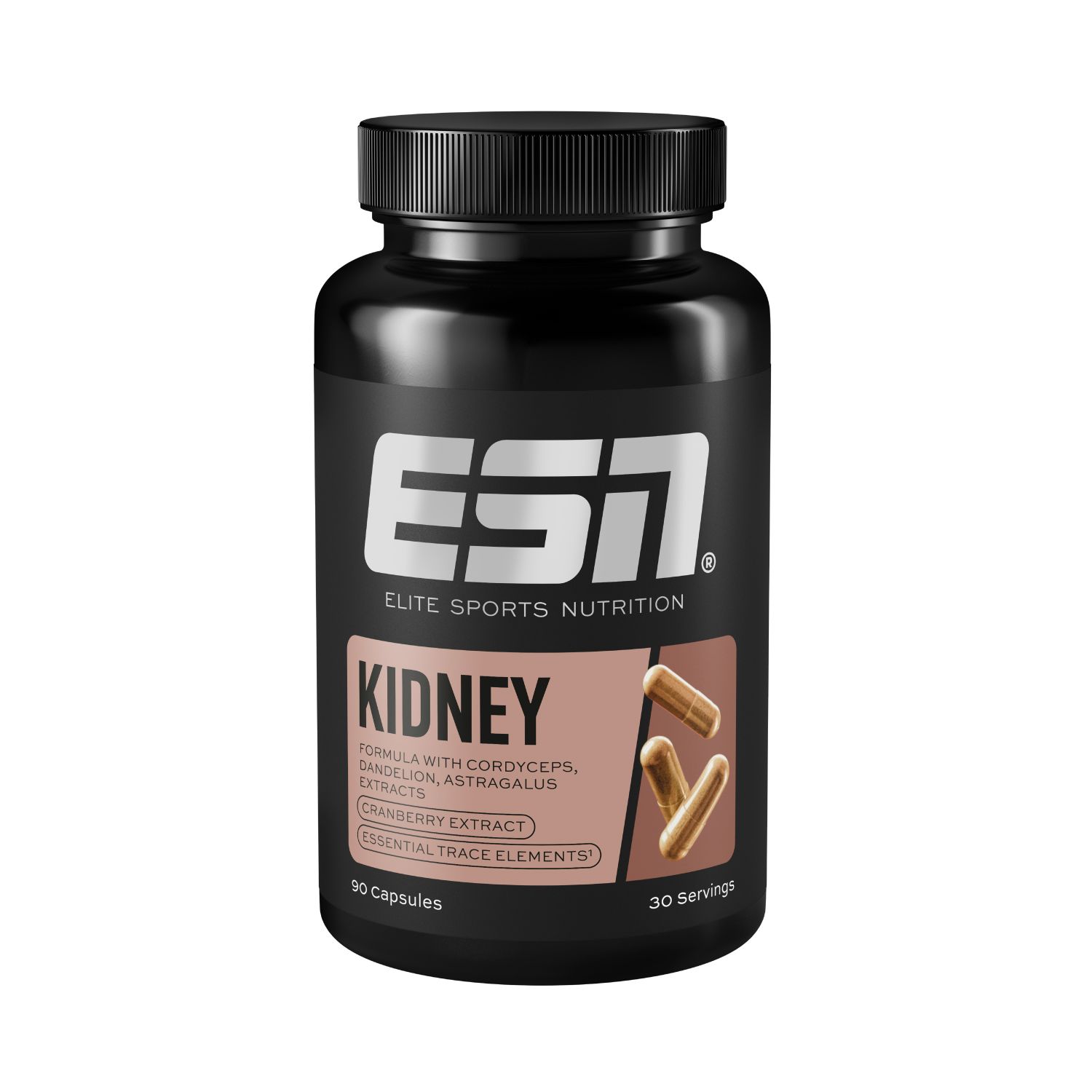 Schwarze Flasche mit Kapseln. Aufschrift: ESN Kidney. Enthält Cordyceps, Cranberry-Extrakt und essentielle Spurenelemente. 90 Kapseln.
