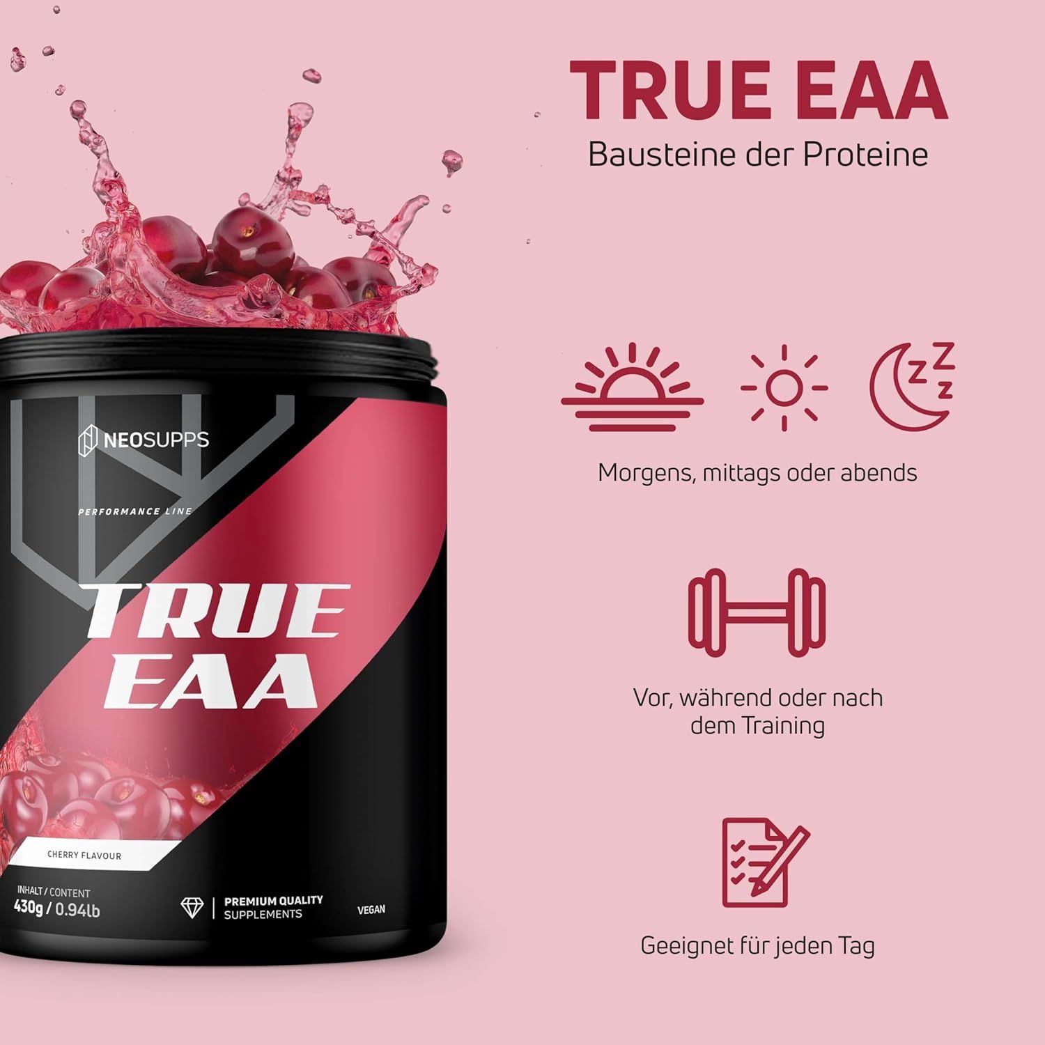 Schwarze Dose TRUE EAA mit rotem Etikett. Kirsch-Aroma. Text: Morgens, mittags oder abends. Vor, während oder nach dem Training. Geeignet für jeden Tag.