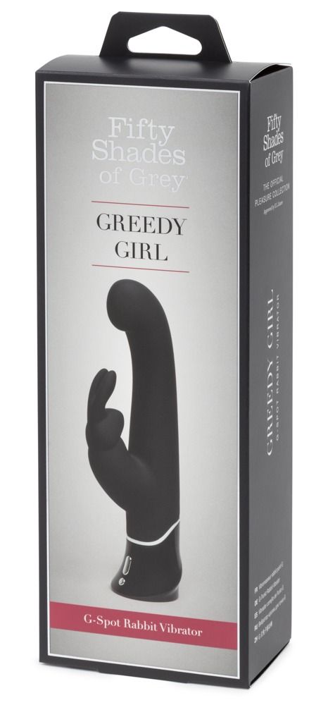 Schwarze Produktverpackung mit Vibrator-Abbildung. Aufschrift: Fifty Shades of Grey, Greedy Girl, G-Spot Rabbit Vibrator.