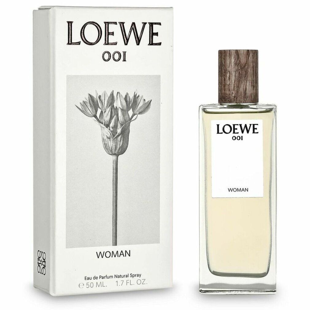 Loewe 001 Woman Edp Spray und Verpackung. Flakon und Schachtel mit floralem Motiv. Aufschrift: LOEWE 001, WOMAN.