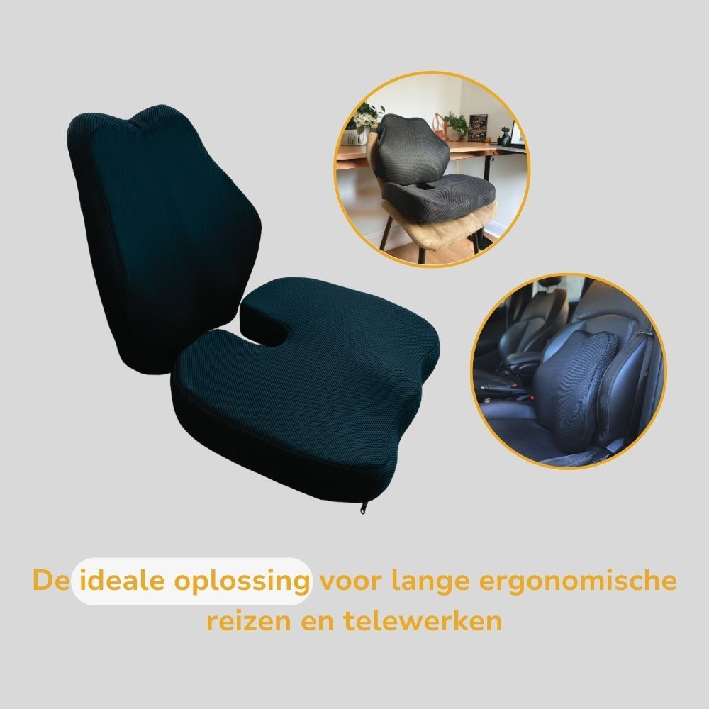 Kombi-Set: Gesäß- en lendensteunkussen. Donkerblauw, getextureerd materiaal. In een kantooromgeving en in een auto.