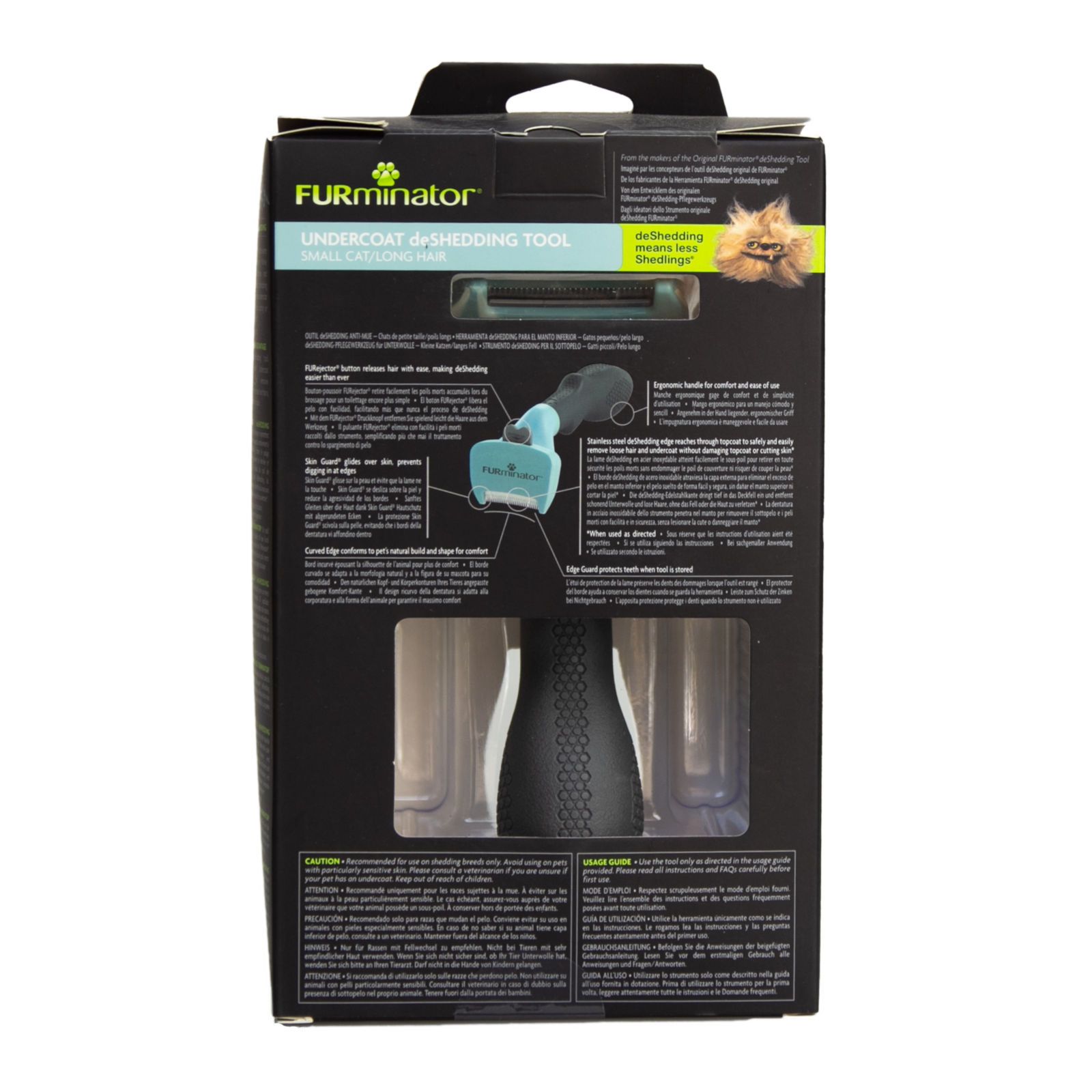 Rückseite der Verpackung des FURminator-Pflegewerkzeugs. Produktinformationen und Illustrationen sind sichtbar.