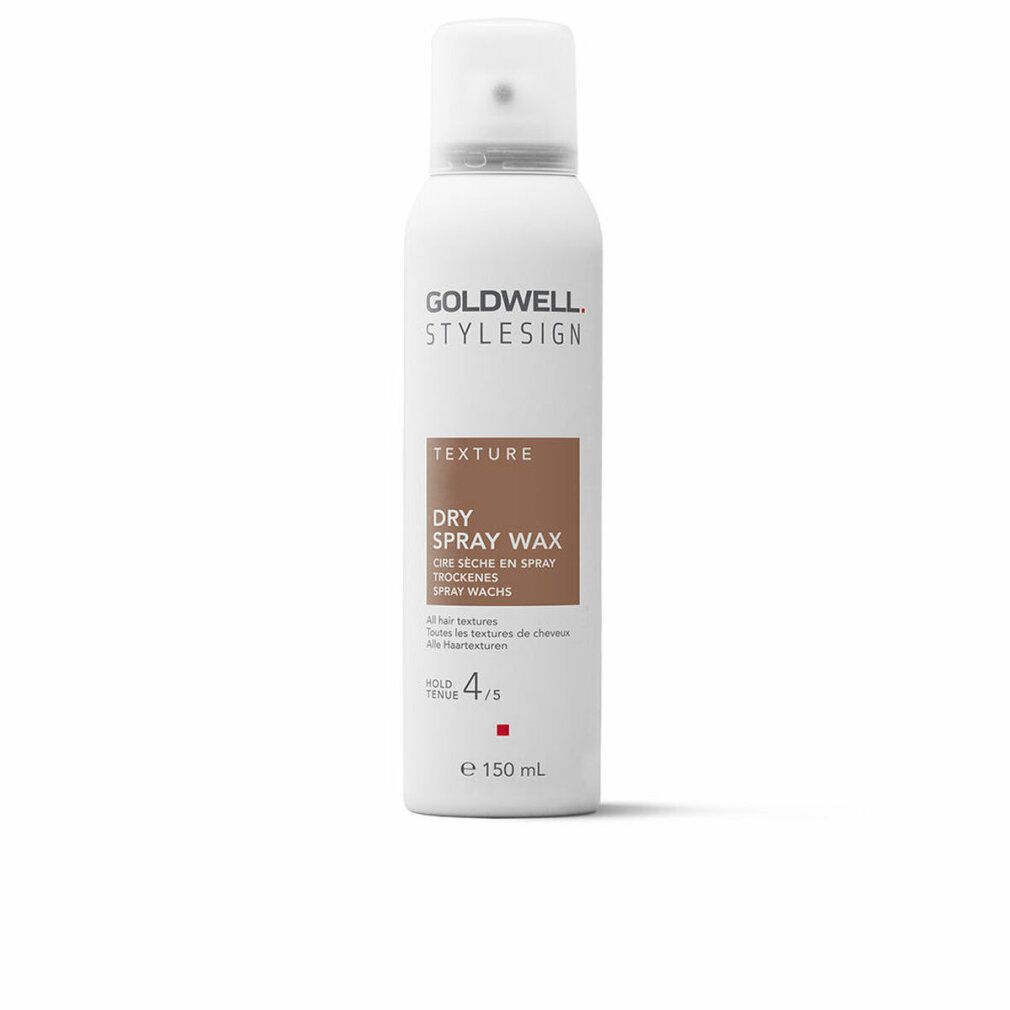 Goldwell Stylesign Texture Trockenes Spray-Wachs. Weiße Sprühflasche mit braunem Etikett. Text und Hold-Bewertung 4/5. 150 ml.