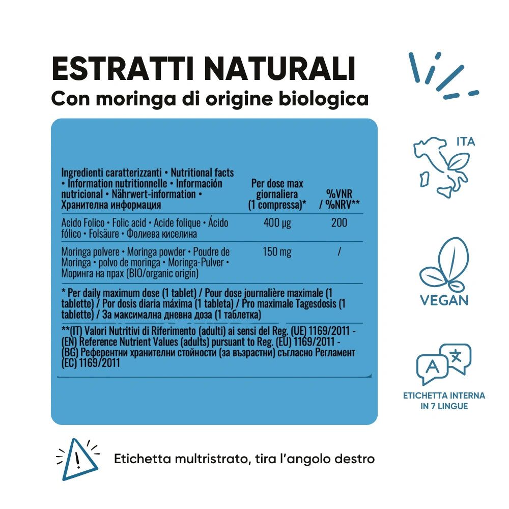 Tabelle mit Inhaltsstoffen: Acido Folico, Moringa. Vegan-Siegel. Mehrsprachiges Etikett.
