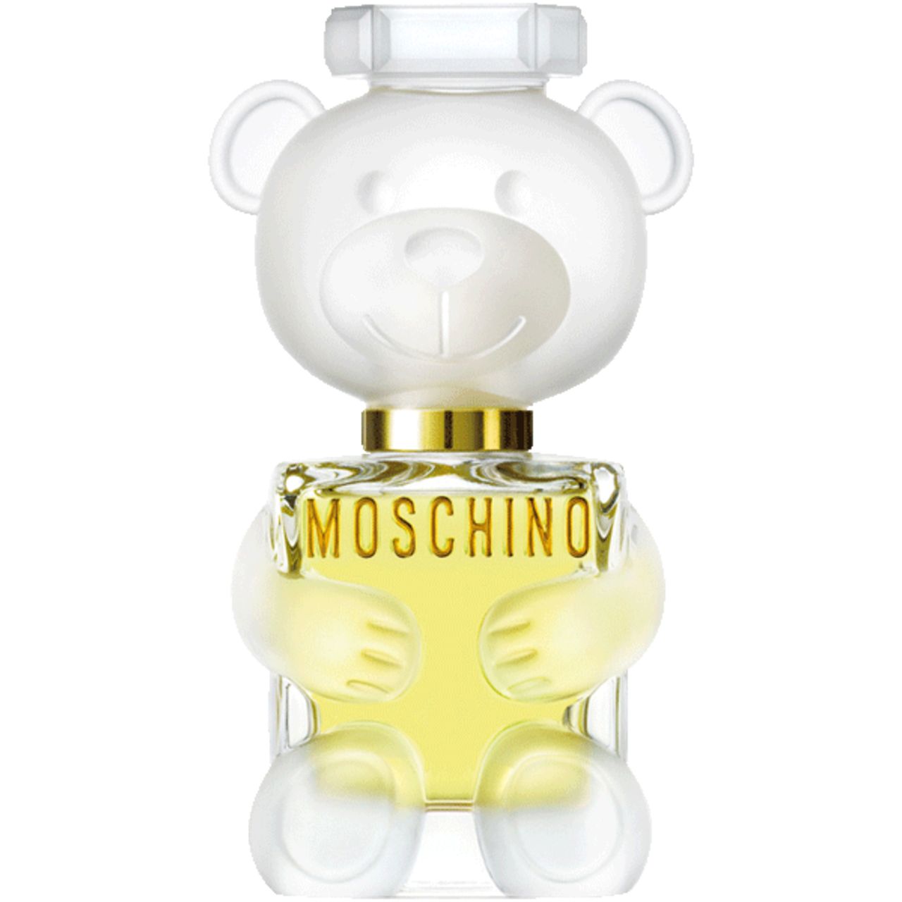 Parfümflakon in Teddybärform. Durchsichtiges Design mit goldfarbenem Halsband. Aufschrift: MOSCHINO.