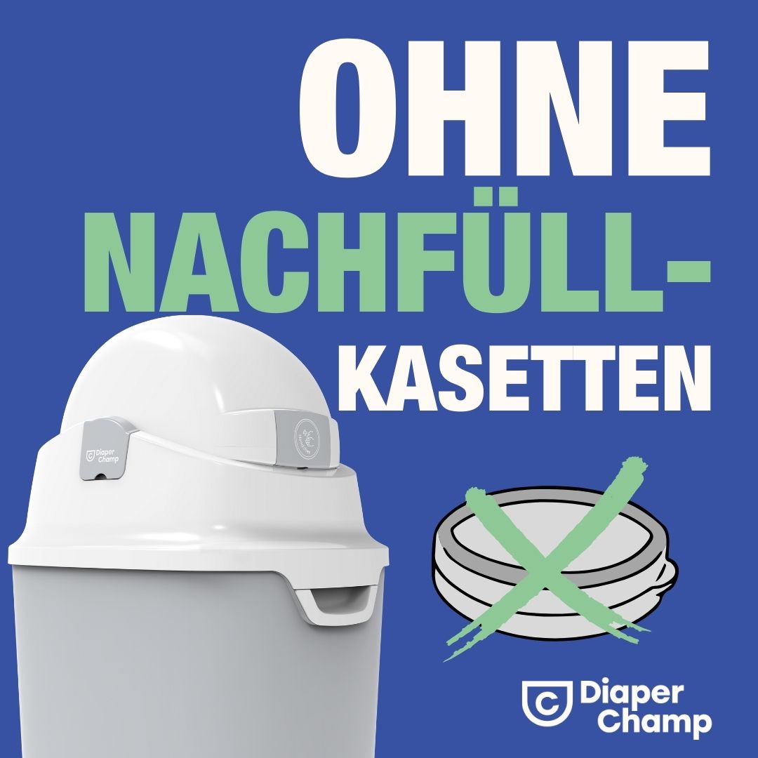Grau-weißer Windeleimer mit Deckel. Text: OHNE NACHFÜLL-KASSETTEN. Logo: Diaper Champ. Abbildung: Kassette durchgestrichen.