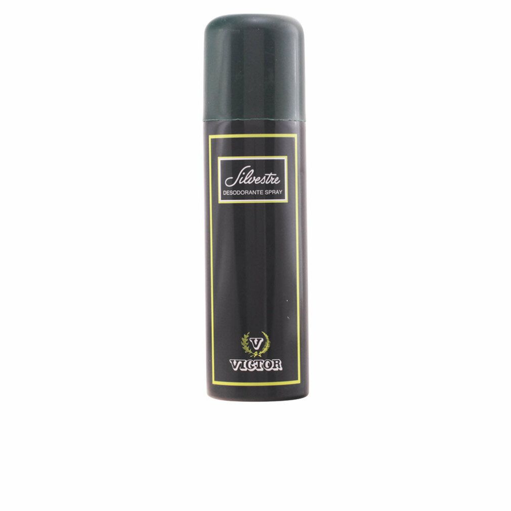 Schwarze Deospray-Dose mit grünem Deckel. Aufschrift "Silvestre" und "Victor".