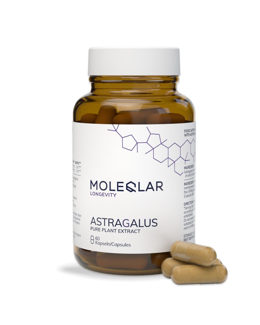 Braune Glasflasche mit weißem Deckel, gefüllt mit Kapseln. Enthält Astragalus-Extrakt.