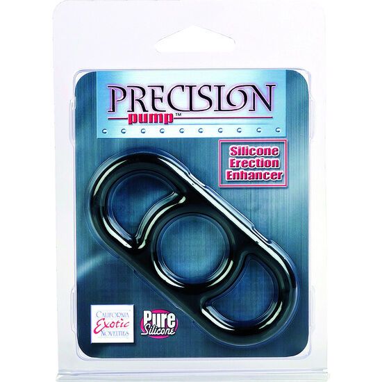 Verpackung mit Erektionsring aus Silikon. Produktname: Precision Pump. Text: Silicone Erection Enhancer. Marke: CalExotics.